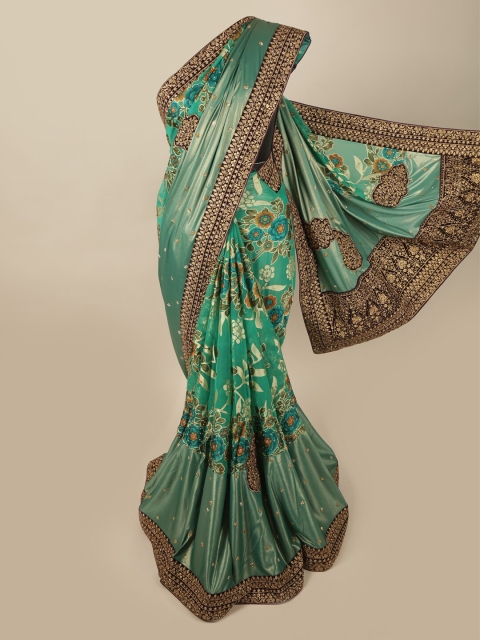 

Pothys Green & Gold-Toned Ethnic Motifs Beads and Stones Pure Georgette Saree