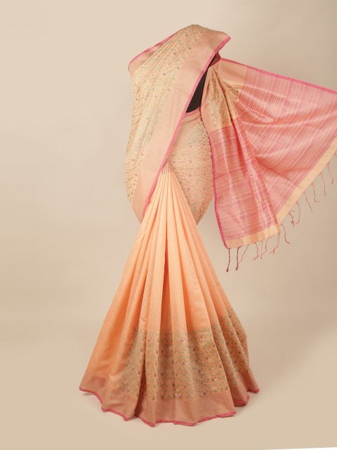

Pothys Peach-Coloured & Green Floral Zari Linen Blend Saree