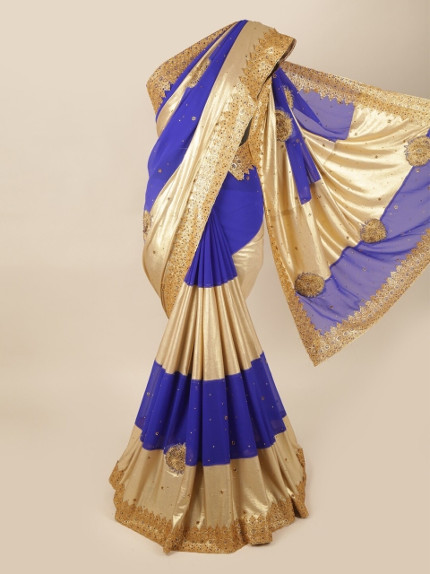 

Pothys Blue & Cream-Coloured Embellished Beads and Stones Pure Georgette Saree