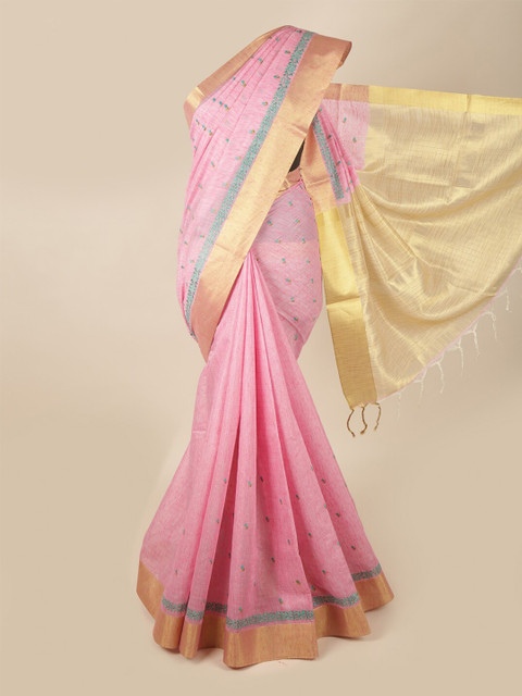 

Pothys Pink & Blue Floral Zari Linen Blend Saree