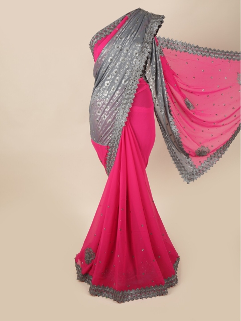 

Pothys Pink & Grey Embellished Beads and Stones Pure Georgette Saree