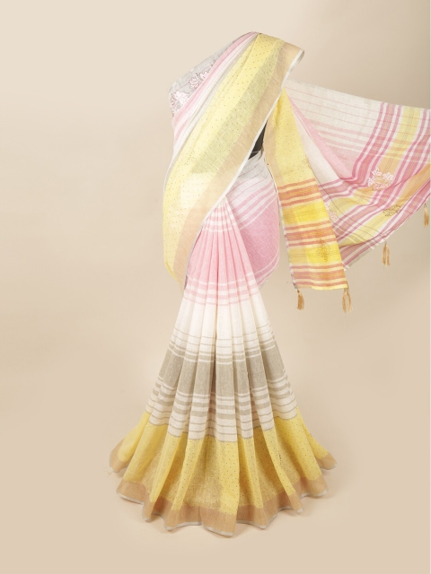 

Pothys White & Pink Striped Beads and Stones Linen Blend Saree