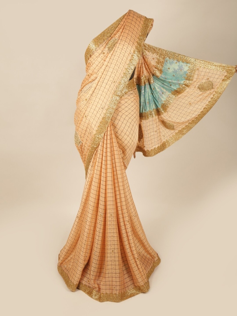 

Pothys Peach-Coloured & Blue Checked Pure Georgette Saree