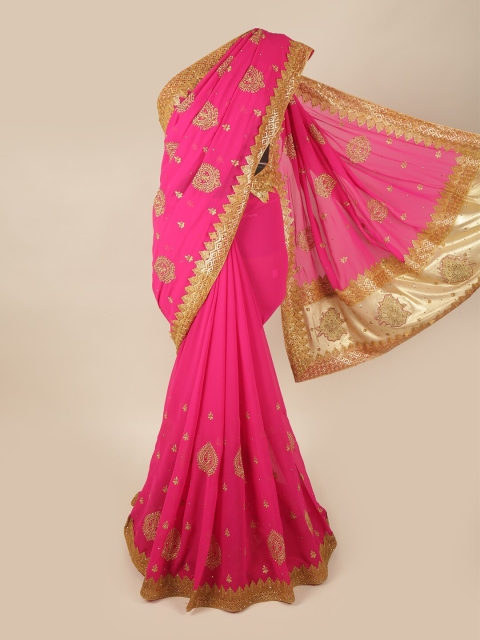 

Pothys Pink & Gold-Toned Floral Beads and Stones Pure Georgette Saree