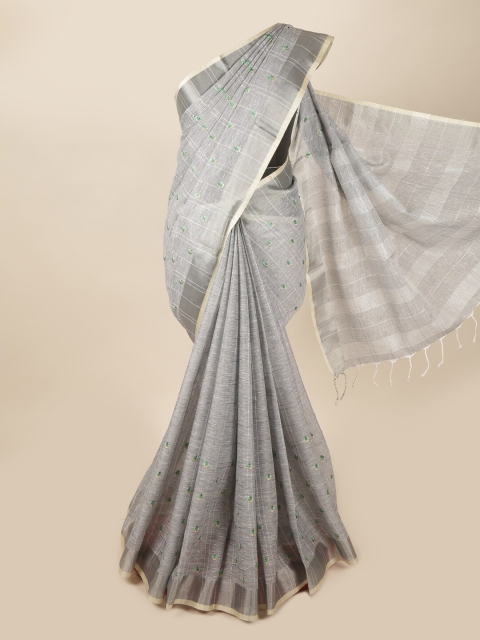 

Pothys Grey & Green Floral Zari Embroidered Saree