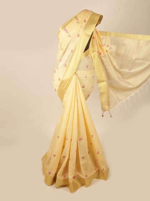 

Pothys Yellow & Pink Floral Zari Linen Blend Saree