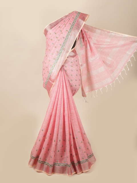 

Pothys Pink & Blue Floral Embroidered Zari Linen Blend Saree