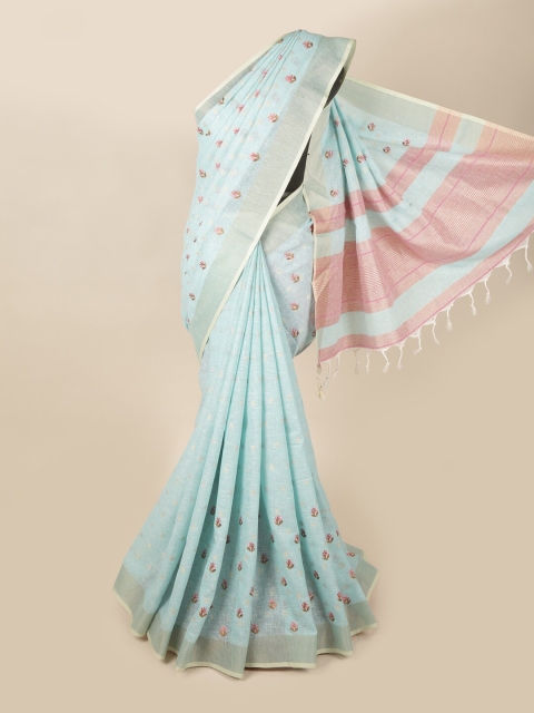 

Pothys Blue & Pink Ethnic Motifs Embroidered Linen Blend Saree