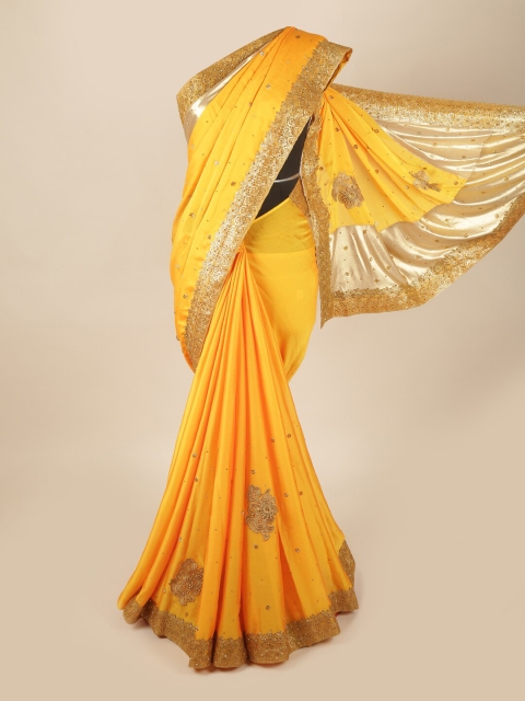 

Pothys Yellow & Gold Ethnic Motifs Beads and Stones Pure Georgette Saree