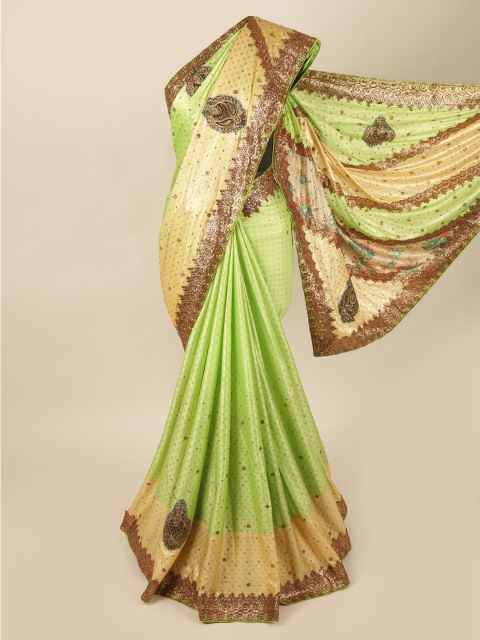 

Pothys Green & Cream-Coloured Ethnic Motifs Beads and Stones Pure Georgette Saree