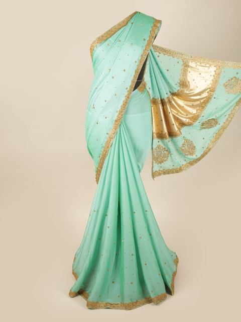 

Pothys Blue & Gold-Toned Floral Beads and Stones Pure Georgette Saree