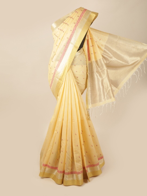 

Pothys Yellow & Pink Floral Zari Linen Blend Saree