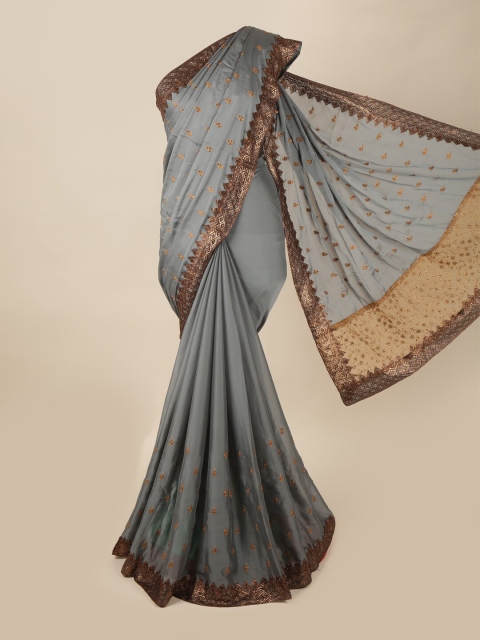 

Pothys Grey & Gold-Toned Floral Beads & Stones Pure Georgette Saree
