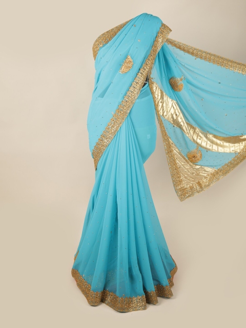 

Pothys Blue & Gold-Toned Embellished Beads and Stones Pure Georgette Saree