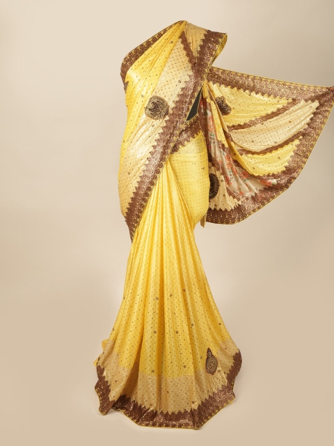 

Pothys Yellow & Gold-Toned Ethnic Motifs Embroidered Pure Georgette Saree