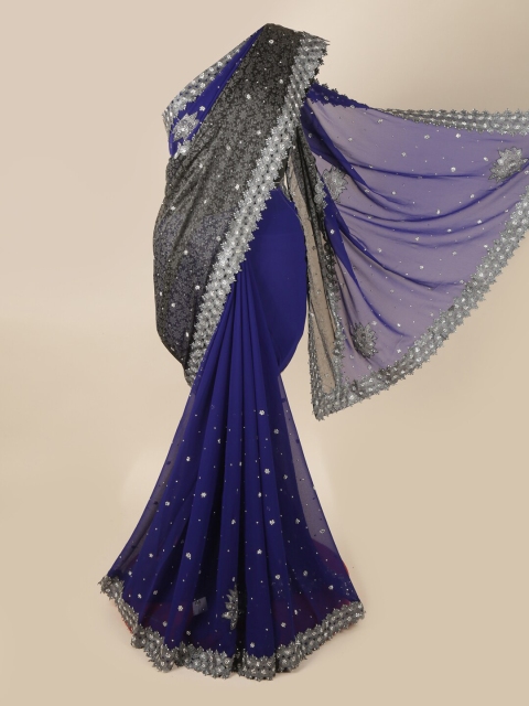 

Pothys Navy Blue & Silver-Toned Floral Pure Georgette Half and Half Saree