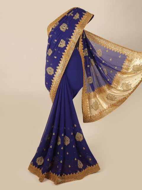 

Pothys Blue & Gold-Toned Floral Pure Georgette Saree
