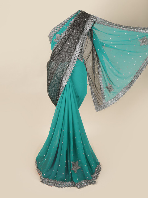 

Pothys Green & Silver-Toned Ethnic Motifs Beads and Stones Pure Georgette Saree