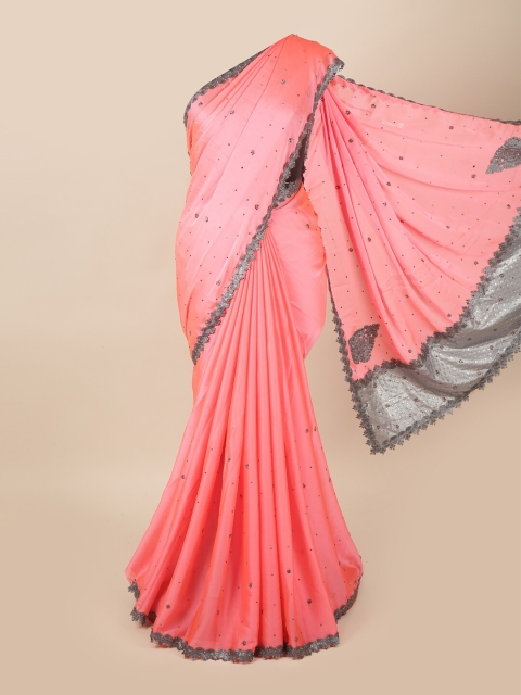 

Pothys Pink & Grey Embellished Beads and Stones Pure Georgette Saree