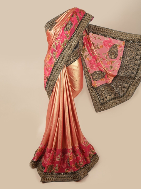

Pothys Pink & Orange Embellished Beads and Stones Pure Georgette Saree