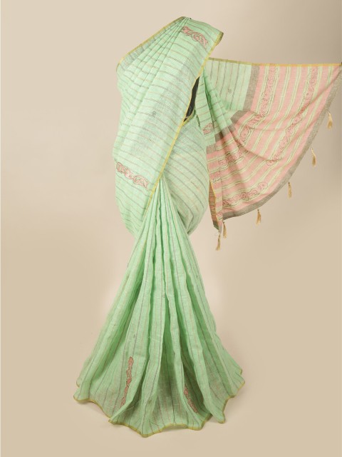 

Pothys Green & Gold-Toned Striped Zari Linen Blend Saree