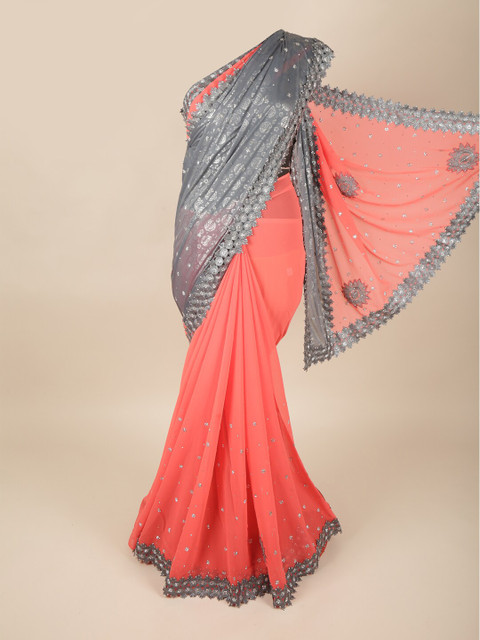

Pothys Pink & Grey Embellished Beads and Stones Pure Georgette Saree