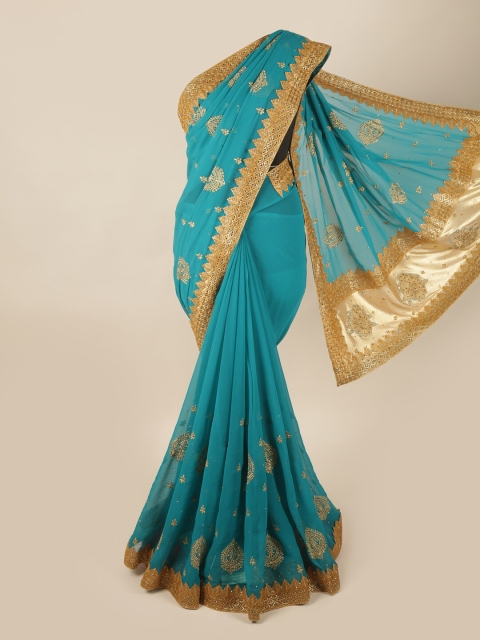 

Pothys Blue & Gold-Toned Floral Embroidered Pure Georgette Saree