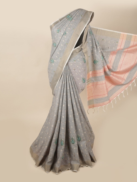 

Pothys Grey & Peach-Coloured Floral Embroidered Zari Linen Blend Saree