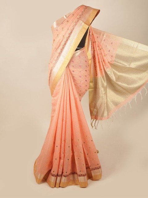 

Pothys Orange & Gold Ethnic Motifs Zari Linen Blend Saree