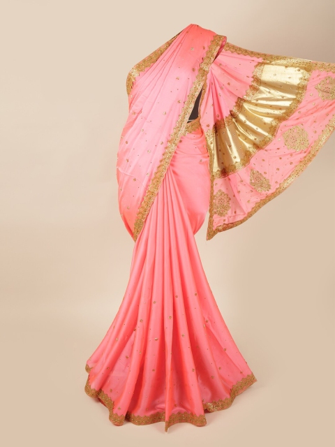 

Pothys Pink & Gold-Toned Ethnic Motifs Beads and Stones Pure Georgette Saree