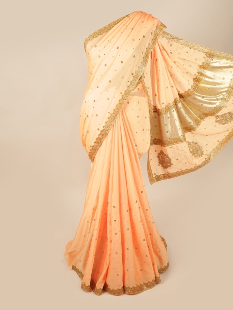 

Pothys Peach-Coloured & Gold-Toned Embellished Beads and Stones Pure Georgette Saree