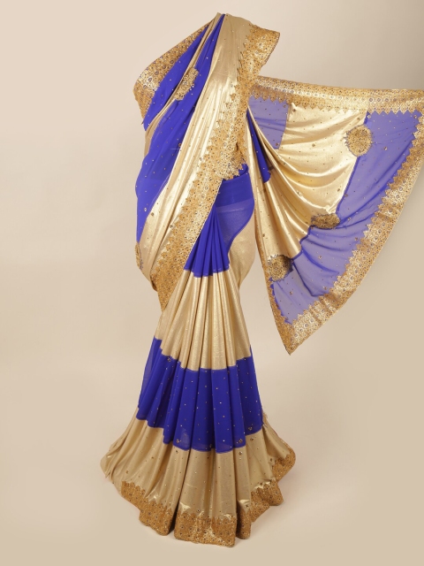 

Pothys Blue & Gold-Toned Colourblocked Embroidered Pure Georgette Saree