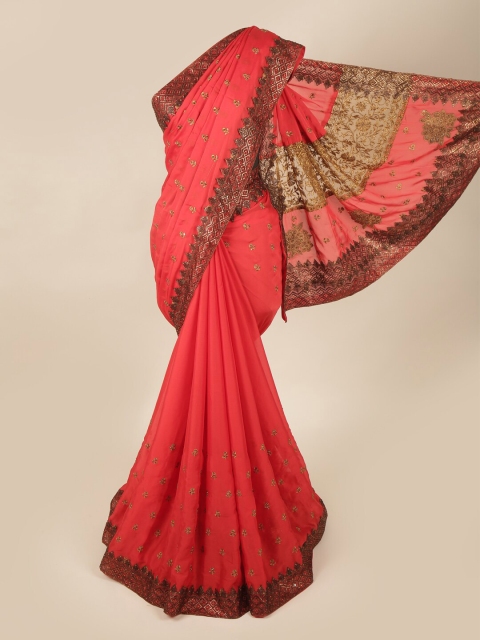 

Pothys Red & Brown Ethnic Motifs Embroidered Pure Georgette Saree