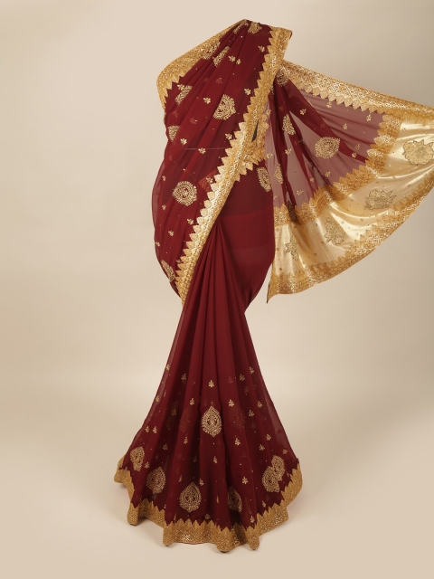 

Pothys Maroon & Gold Ethnic Motifs Embroidered Pure Georgette Saree