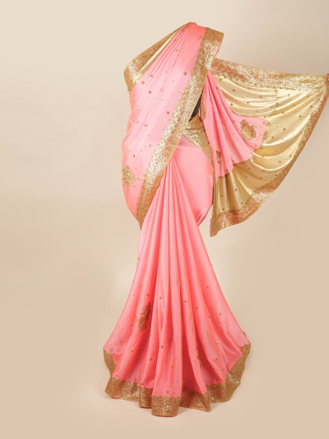 

Pothys Pink & Gold-Toned Floral Beads and Stones Pure Georgette Saree