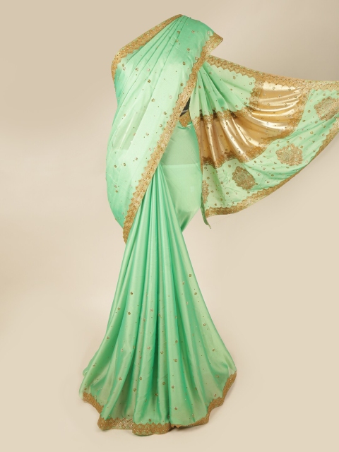 

Pothys Green & Gold-Toned Floral Beads and Stones Pure Georgette Saree