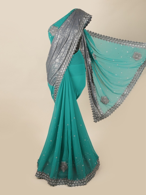 

Pothys Green & Grey Floral Pure Georgette Half and Half Saree