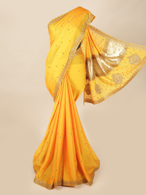 

Pothys Yellow & Gold-Toned Floral Embellished Beads and Stones Pure Georgette Saree