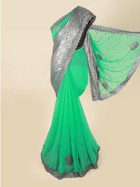 

Pothys Green & Silver Ethnic Motifs Beads and Stones Pure Georgette Saree