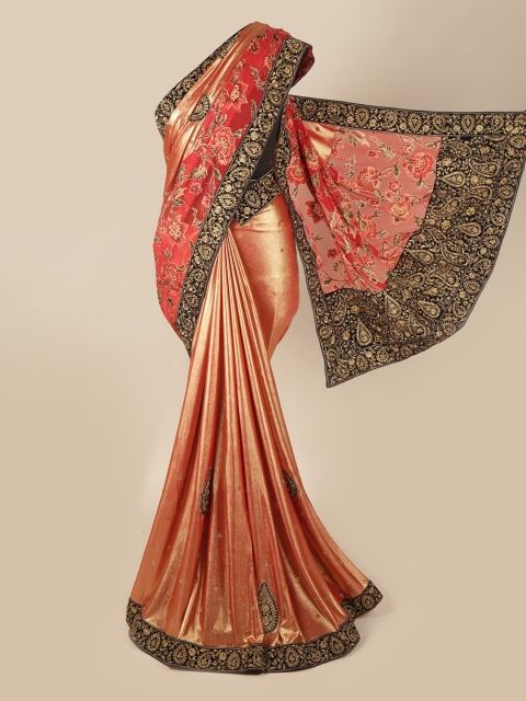 

Pothys Rose Gold & Gold-Toned Embellished Pure Georgette Saree With Embroidered Clutch