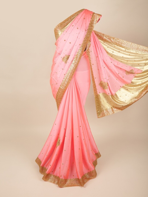 

Pothys Pink & Gold-Toned Embellished Beads and Stones Pure Georgette Saree