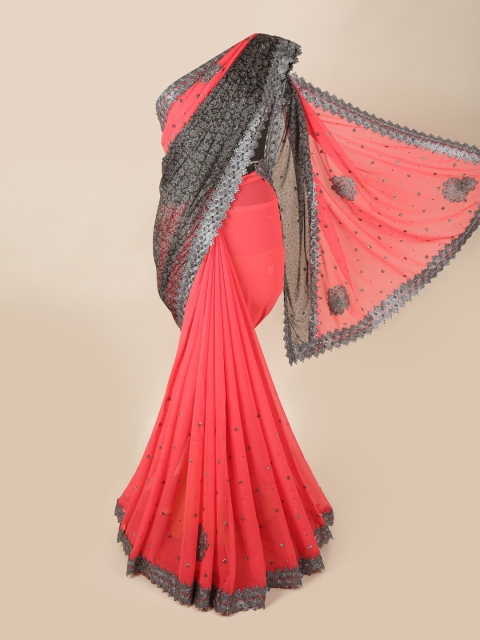 

Pothys Pink & Black Embellished Embroidered Pure Georgette Saree