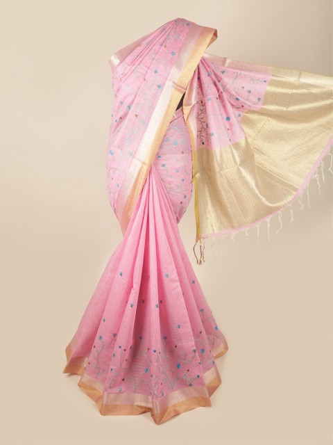 

Pothys Pink & Gold-Toned Floral Zari Linen Blend Saree