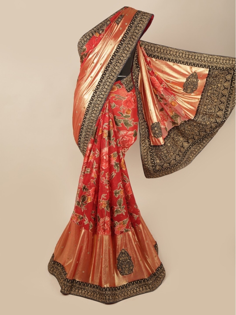 

Pothys Red & Peach-Coloured Floral Printed Beads and Stones Pure Georgette Saree