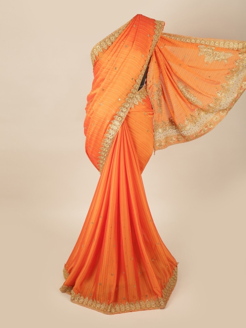 

Pothys Orange & Gold-Toned Embellished Beads and Stones Pure Georgette Saree