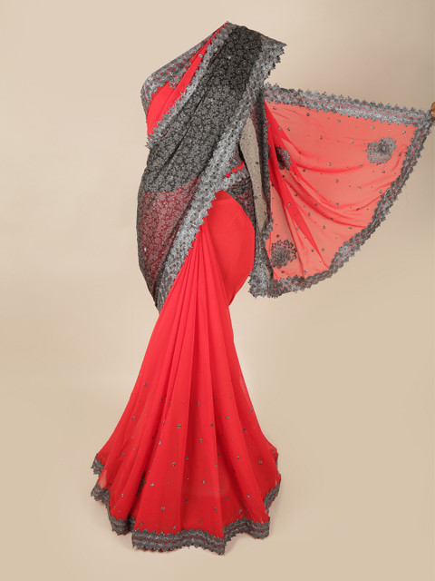 

Pothys Red & Grey Embellished Beads and Stones Pure Georgette Saree