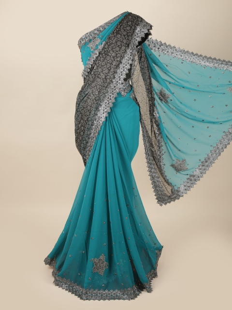 

Pothys Blue & Black Floral Beads and Stones Pure Georgette Saree