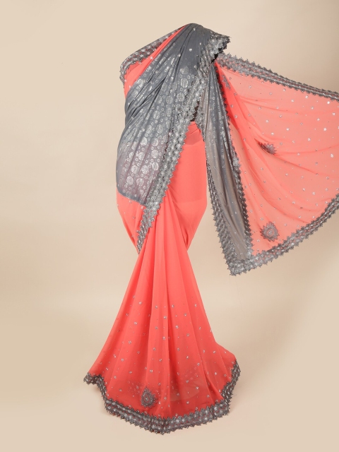 

Pothys Pink & Grey Floral Pure Georgette Half and Half Saree