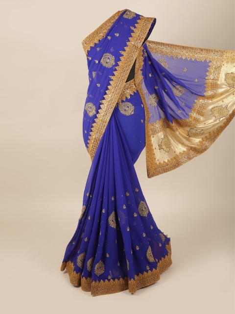 

Pothys Blue & Gold-Toned Floral Embroidered Pure Georgette Saree