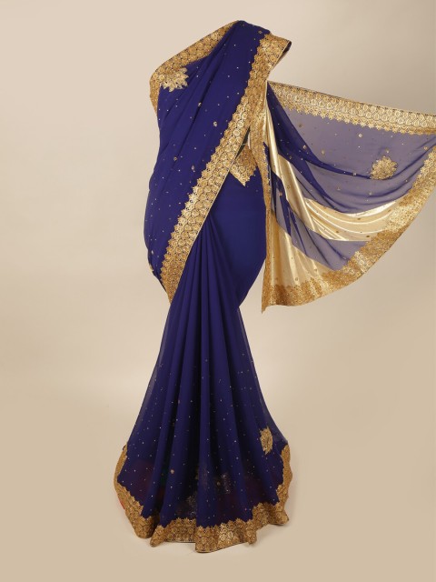 

Pothys Blue & Gold-Coloured Embellished Beads and Stones Pure Georgette Saree